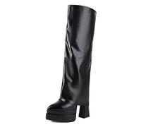 Gueploer Bottes Longues Noires pour Femmes, Bottes Montantes À Talons Épais Pointus Et Plateforme, pour La Vie Quotidienne Et Les Soirées,Noir,36 EU