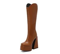 Gueploer Bottes Longues pour Femmes, Bottes À Talon Bloc Et Plateforme Jusqu'au Genou avec Fine Doublure en Polaire pour Les Fêtes Et La Vie Quotidienne,Marron,39 EU