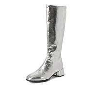 Gueploer Bottes Longues pour Femmes, Bottes Montantes À Talons Carrés Et Bout Rond avec Fermeture Éclair sur Le Côté pour La Vie Quotidienne Et Les Fêtes,Argent,34 EU