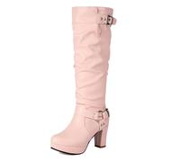 Gueploer Bottes Longues pour Femmes, Bout Rond Talons Épais Bottes Hautes Jusqu'au Genou en Fine Laine pour La Vie Quotidienne Et Les Soirées,Rose,33 EU