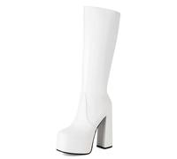 Gueploer Bottes Longues pour Femmes, Round Tor Block Heel Platform Knee High Boot pour La Fête, La Vie Quotidienne, Le Banquet,Blanc,40 EU