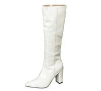 Gueploer Bottes Longues pour Femmes, Talons Pointus Bottes Hautes en Polaire Fine pour La Vie Quotidienne, Banquet, Bal De Fin D'année,Blanc,37 EU