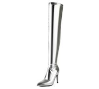 Gueploer Bottes pour Femmes Au-Dessus du Genou, Bottes Hautes Extensibles À Bout Pointu avec Talons Fins De 10 Cm pour Les Soirées Et La Vie Quotidienne,Argent,33 EU