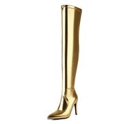 Gueploer Bottes pour Femmes Au-Dessus du Genou, Bottes Hautes Extensibles À Bout Pointu avec Talons Fins De 10 Cm pour Les Soirées Et La Vie Quotidienne,d'or,45 EU
