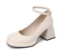 Gueploer Chaussures À Talons Hauts pour Femmes, Escarpins Habillés À Bout Fermé Et Talon Épais, Chaussures Classiques pour Dames À Bout Rond pour Soirée Ou Mariage,Beige,38 EU