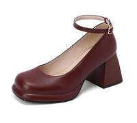 Gueploer Chaussures À Talons Hauts pour Femmes, Escarpins Habillés À Bout Fermé Et Talon Épais, Chaussures Classiques pour Dames À Bout Rond pour Soirée Ou Mariage,Rouge,35 EU