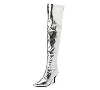 Gueploer Cuissardes Hautes, Femmes Pointues au-Dessus du Genou Bottes avec Talons Fins de 8cm pour la fête, la Vie Quotidienne,Argent,35 EU