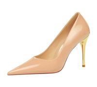 Gueploer Escarpins en Cuir Verni, Talons Hauts pour Femmes, Bouts Fermés, Chaussures À Enfiler, Stilettos De 10 Cm, Pointues, pour Soirées Et Vie Quotidienne,Nude,36 EU