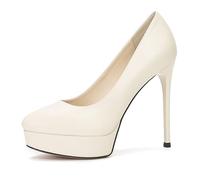 Gueploer Escarpins pour Femmes À Talons Aiguilles De 12 Cm, Bout Rond Style Classique À Enfiler pour Soirée, Mariage, Usage Quotidien,Beige,39 EU