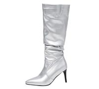 Gueploer Femmes Bottes Longues, 7,5 Cm Talons Minces Bottes Hautes Pointues pour La Fête, Le Bal, La Vie Quotidienne,Argent,42 EU