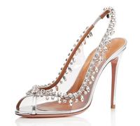Gueploer Femmes Talon Sandale, Silver Slingback Talon Haut avec Strass PVC Clair Bouche De Poisson Mariage Mariée Pompes pour Bal De Fête,Argent,43 EU