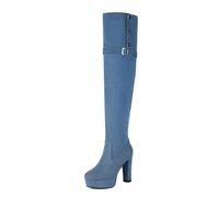 Gueploer sur Le Genou Bottes, Femmes Chunky Talon Plate-Forme Chute Cuissardes Hautes pour La Fête, La Vie Quotidienne,Bleu,32 EU
