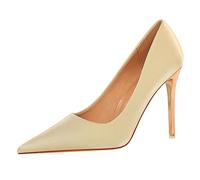Gueploer Talons Hauts Slik pour Femmes, Escarpins À Talon Fin Pointu, Chaussures À Enfiler À Bout Peu Profond pour Quotidien Et Bureau,Beige,33 EU