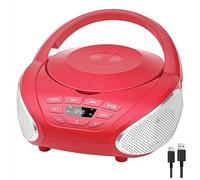 Gueray Boombox Lecteur CD portable compact avec haut-parleurs stéréo, radio FM, entrée auxiliaire de 3,5 mm et prise casque, écran LCD pour intérieur, extérieur, voyage et livres audio (rouge + argent