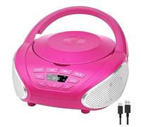 Gueray Boombox Lecteur CD portable compact avec haut-parleurs stéréo, radio FM, entrée auxiliaire de 3,5 mm et prise casque, écran LCD pour intérieur, extérieur, voyage et livres audio (rose + argent)