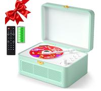 Gueray Lecteur CD Cuir Portable avec Haut-Parleurs 3600mAh Rechargeable Bluetooth pour Décoration Maison, Cadeau Festival Design Valise Rétro avec Télécommande Support USB AUX(Vert)