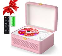 Gueray Lecteur CD Cuir Portable avec Haut-Parleurs 3600mAh Rechargeable Bluetooth pour Décoration Maison, Cadeau Festival Design Valise Rétro avec Télécommande Support USB AUX(Rose)
