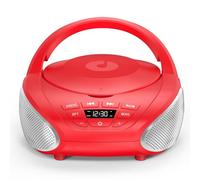 Gueray Lecteur CD Portable Boombox Radio CD Compact avec Haut-Parleurs Stéréo Radio FM Entrée AUX 3,5 mm Jack Casque et Écran LCD pour Intérieur Extérieur Voyage & Livres Audio(Rouge + Argent)
