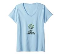 Guérir et prospérer : Arbre de Vie inspirant Bien-être T-Shirt avec Col en V, Femme, Bleu Céleste, XXL