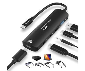 Guermok Adaptateur 5-en-1 USB-C pour Lunettes AR, Charge Rapide Pd100W, vidéo 8K@60Hz, Ports USB/USB-C - pour X Real Air/2 Pro/One, Ray Neo Air, Rokid, Switch, Phone 15/16, Noir