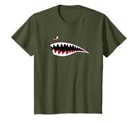Guerre Mondiale Shark Mouth Fighter Avion Nez Art Militaire T-Shirt, Enfant, Olive, 12 Ans