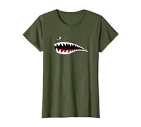 Guerre Mondiale Shark Mouth Fighter Avion Nez Art Militaire T-Shirt, Femme, Olive, L