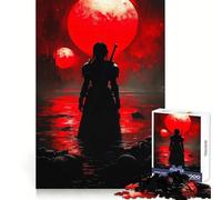 Guerrier Silhouette sous la Lune Rouge Puzzle 1000 Pièces pour Adultes Jeu d'Éveil Mental Design Doux et Détente Cadeau de Saison 50x75cm