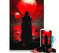 Guerrier Silhouette sous la Lune Rouge Puzzle 1000 Pièces pour Adultes Jeu d'Éveil Mental Design Doux et Détente Cadeau de Saison 50x75cm