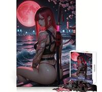 Guerrier tatoué aux Cheveux Roux avec Katana sous la Lune Puzzle de 1000 pièces pour Adolescents Jeu de réflexion Jigsaw Wise Détente et créativité pour Les fêtes (38x52cm)