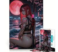 Guerrier tatoué aux Cheveux Roux avec Katana sous la Lune Puzzle de 1000 pièces pour Adolescents Jeu de réflexion Jigsaw Wise Détente et créativité pour Les fêtes (38x52cm)