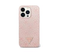 GUESS Coque de protection en cuir PU 4G Triangle Strass pour iPhone 16 Pro (Rose)
