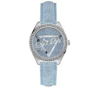 Guess Argent Ton, Bleu Jeans Cuir Bande , Cristaux Chaton, Logo, Montre U0456L10