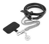 Guess Bandoulière Amovible PU 4G & Chaîne avec Breloque (Argent & Noir) - Coque de Téléphone Compatible iPhone 15 Pro - Cuir de Qualité Supérieure - Compatible avec Le Chargement sans Fil