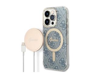 Guess Bunddeln GUBPP14LH4EACSB Coque et Chargeur iPhone 14 Pro 6,1" Coque Rigide Bleue Impression 4G