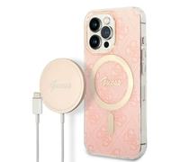 GUESS Bundle GUBPP13XH4EACSP Coque et Chargeur iPhone 13 Pro Max Coque Rigide Rose Impression 4G