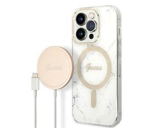 GUESS Bundle GUBPP14XHMEACSH Coque et Chargeur iPhone 14 Pro Max 6,7" Coque Rigide Blanche Marbre