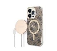 Guess Bundle Pack MagSafe 4G Coque iPhone 14 Pro + MagSafe Chargeur, Marron/Or