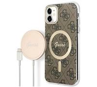 Guess Bundle Pack MagSafe 4G - Ensemble coque pour iPhone 11 + chargeur MagSafe (Marron/Or) - 3666339103385