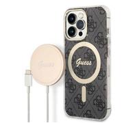 Guess Bundle Pack MagSafe 4G - Ensemble coque pour iPhone 13 Pro Max + chargeur MagSafe (Noir/Or) - 3666339102807
