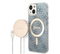 Guess Bundle Pack MagSafe 4G - Ensemble coque pour iPhone 14 + chargeur MagSafe (Bleu/Or) - 3666339102968