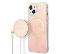 Guess Bundle Pack MagSafe 4G - Ensemble coque pour iPhone 14 Plus + chargeur MagSafe (Rose/Or) - 3666339103057