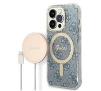 Guess Bundle Pack MagSafe 4G - Ensemble coque pour iPhone 14 Pro + chargeur MagSafe (Bleu/Or) - 3666339102982