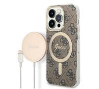 Guess Bundle Pack MagSafe 4G - Ensemble coque pour iPhone 14 Pro Max + chargeur MagSafe (Marron/Or) - 3666339102920
