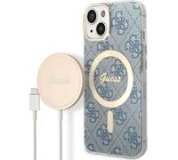 Guess Bundle Pack MagSafe 4G - Kit de coque pour iPhone 14 Plus + chargeur MagSafe (bleu/or)