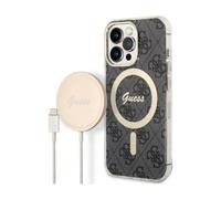 GUESS Bundle GUBPP13LH4EACSK Coque et Chargeur iPhone 13 Pro Noir Hard Case 4G Print