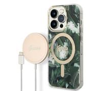Guess Bundle Pack MagSafe IML Jungle - Kit de coque pour iPhone 14 Pro Max + chargeur MagSafe (kaki/or)
