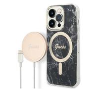 Guess Bundle Pack MagSafe IML Marble - Ensemble coque pour iPhone 14 Pro + chargeur MagSafe (Noir/Or) - 3666339103132