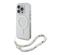 Guess CG Coque de Protection pour iPhone 16 Pro Max, Durable, résistante aux Chocs, Compatible avec MagSafe, IML Glitter avec Bracelet nacré Transparent