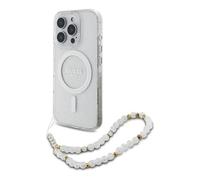 Étui Guess pour iPhone 16 Pro 6.3 transparent étui rigide IML Glitter With Pearl Strap MagSafe