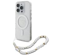 GUESS CG Coque pour iPhone 16 Pro, Durable, résistante aux Chocs, Compatible avec MagSafe, IML Glitter avec Bracelet nacré Transparent